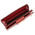 Long red leather wallet open showing zip-around perimeter and gold-tone hardware