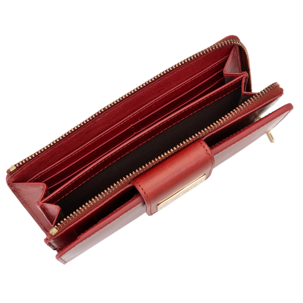 Long red leather wallet open showing zip-around perimeter and gold-tone hardware