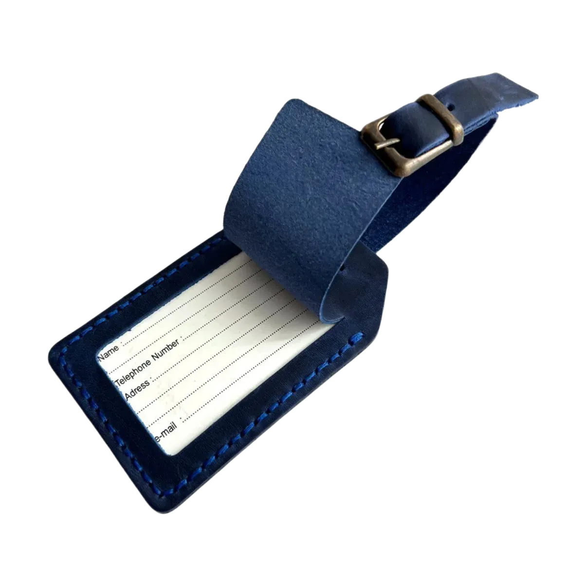 Handmade Leather Luggage Tag in Navy Blue - shown open with ID insert card