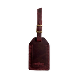 Handmade Leather Luggage Tag in Burgundy - closed front view with logo