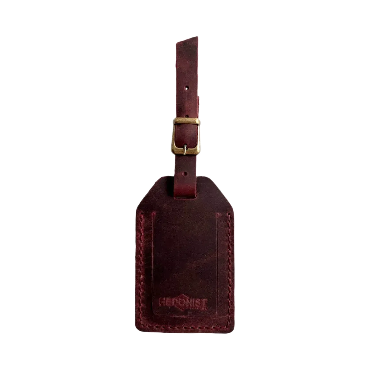 Handmade Leather Luggage Tag in Burgundy - closed front view with logo