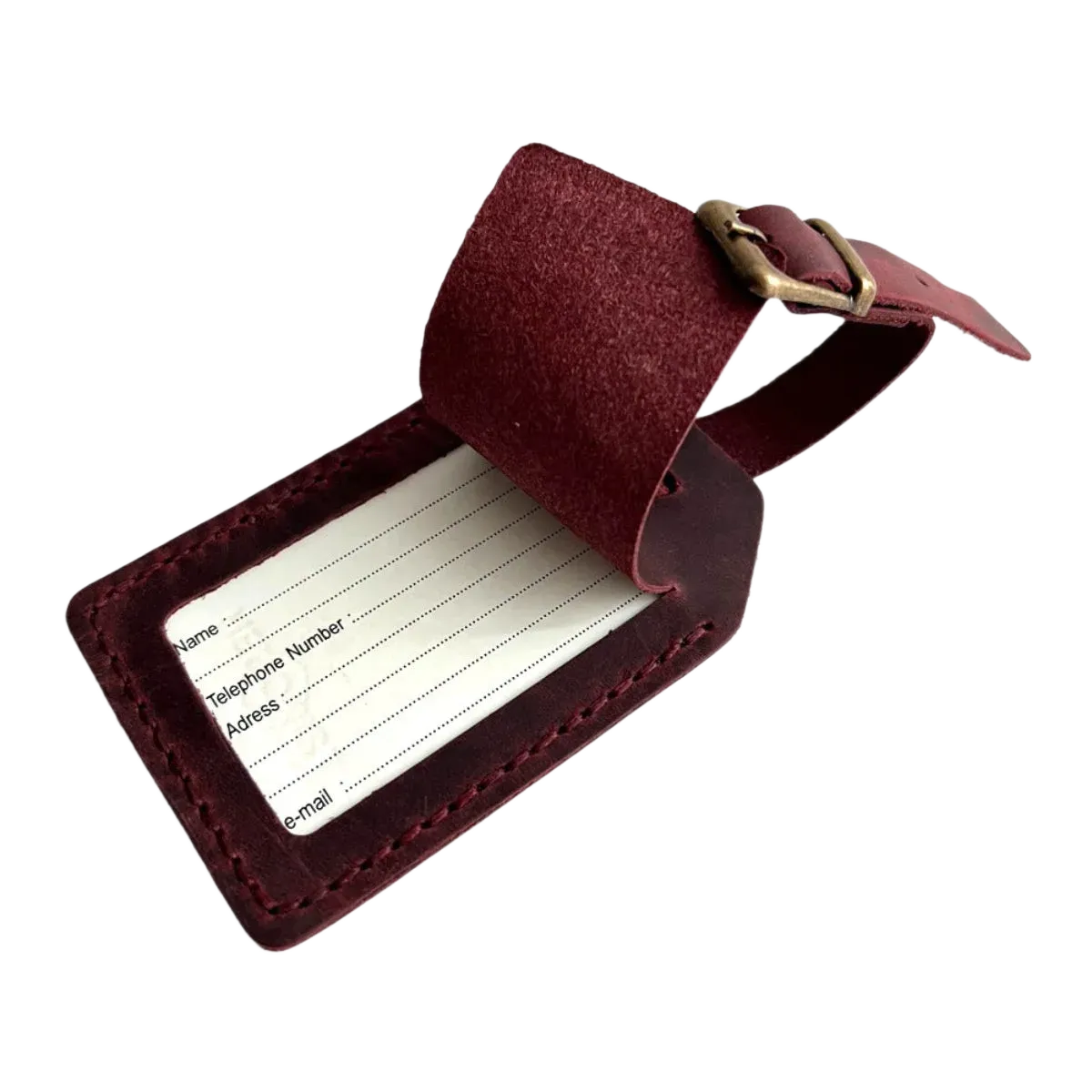 Handmade Leather Luggage Tag in Burgundy - shown open