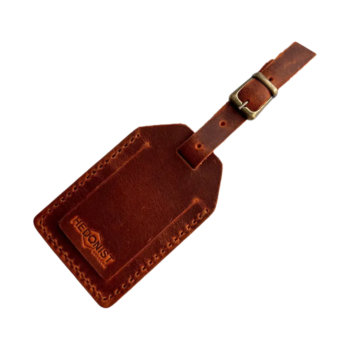 Handmade Leather Luggage Tag in Cognac - closed front view with logo