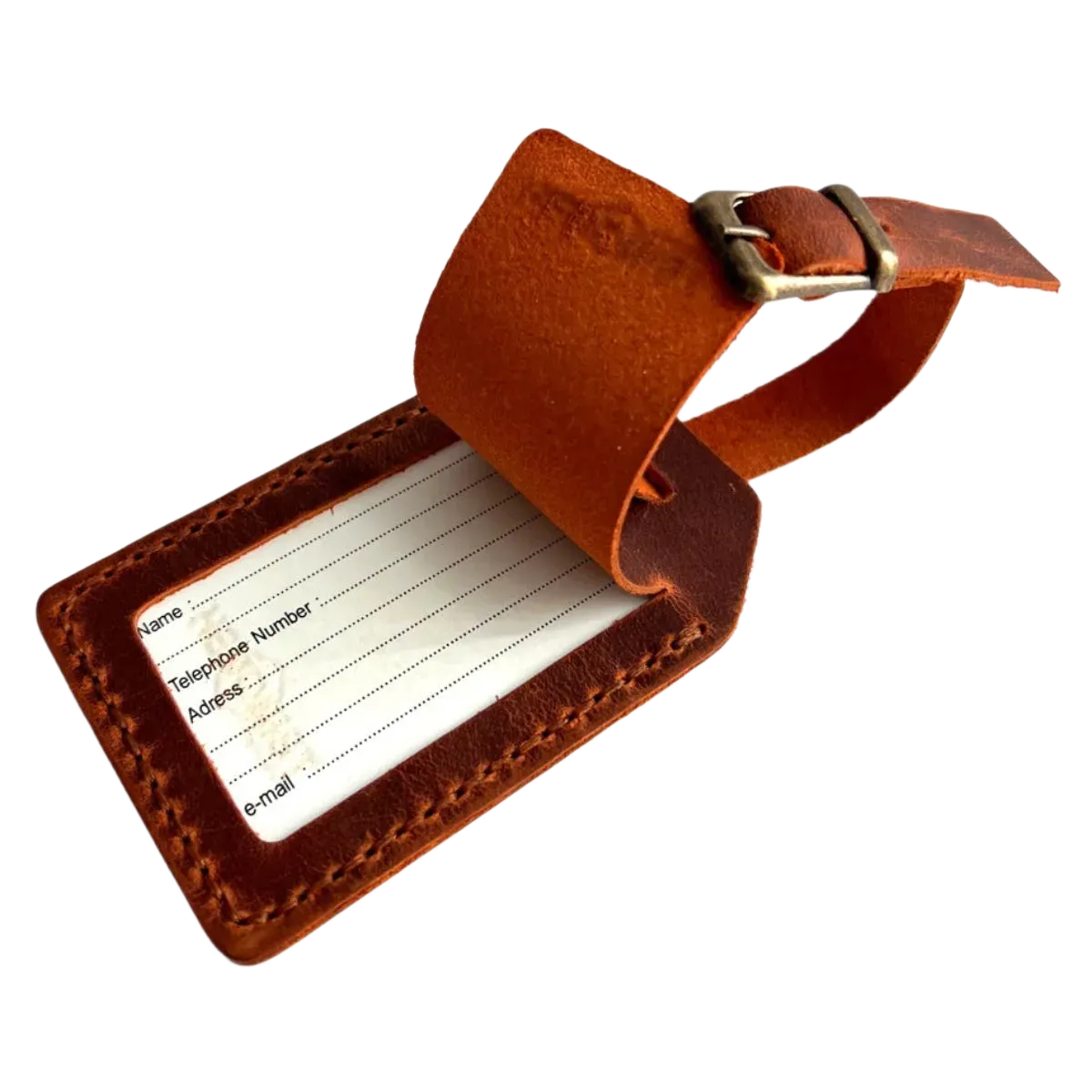Handmade Leather Luggage Tag in Cognac - shown with ID insert card