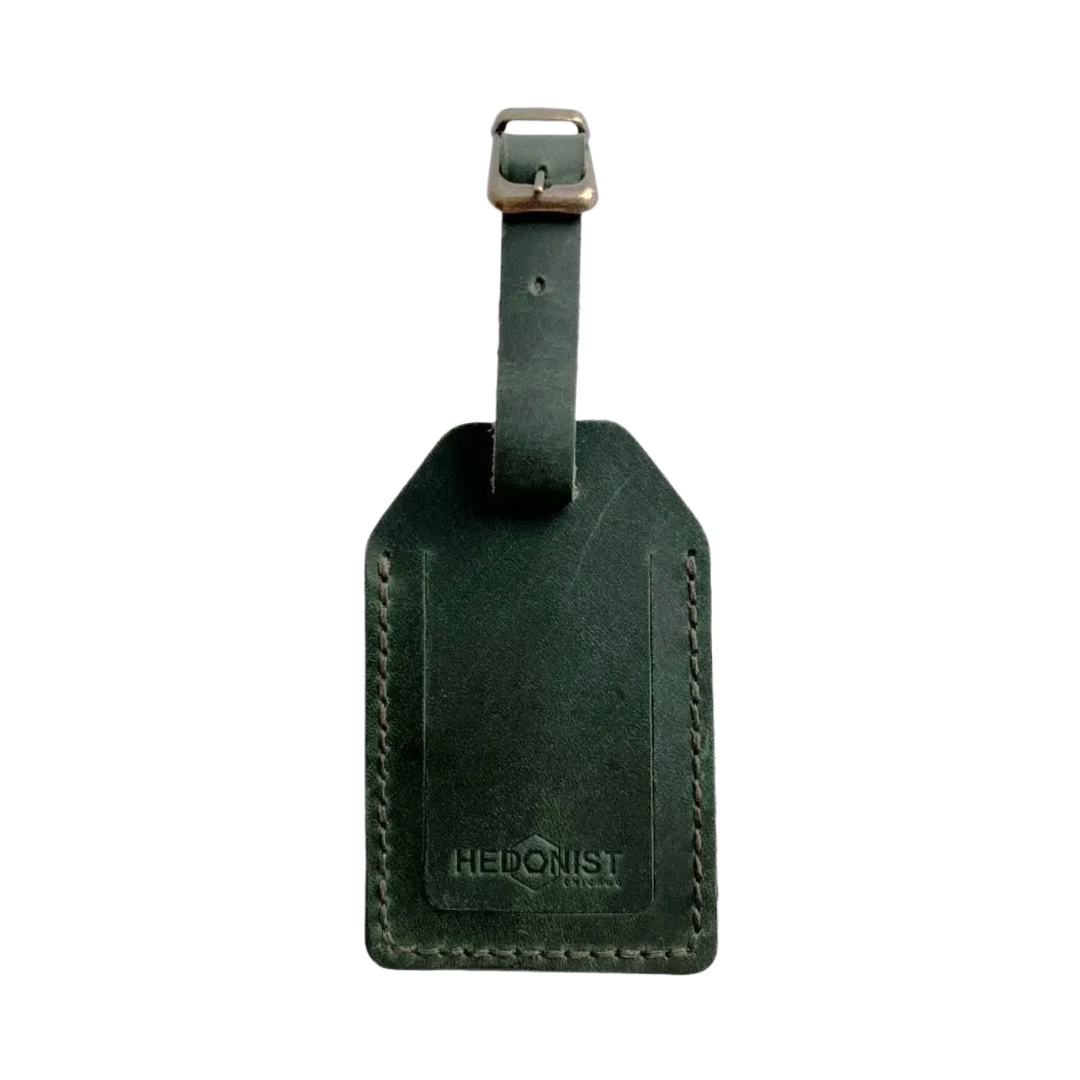 Handmade Leather Luggage Tag in Green - closed front view with logo