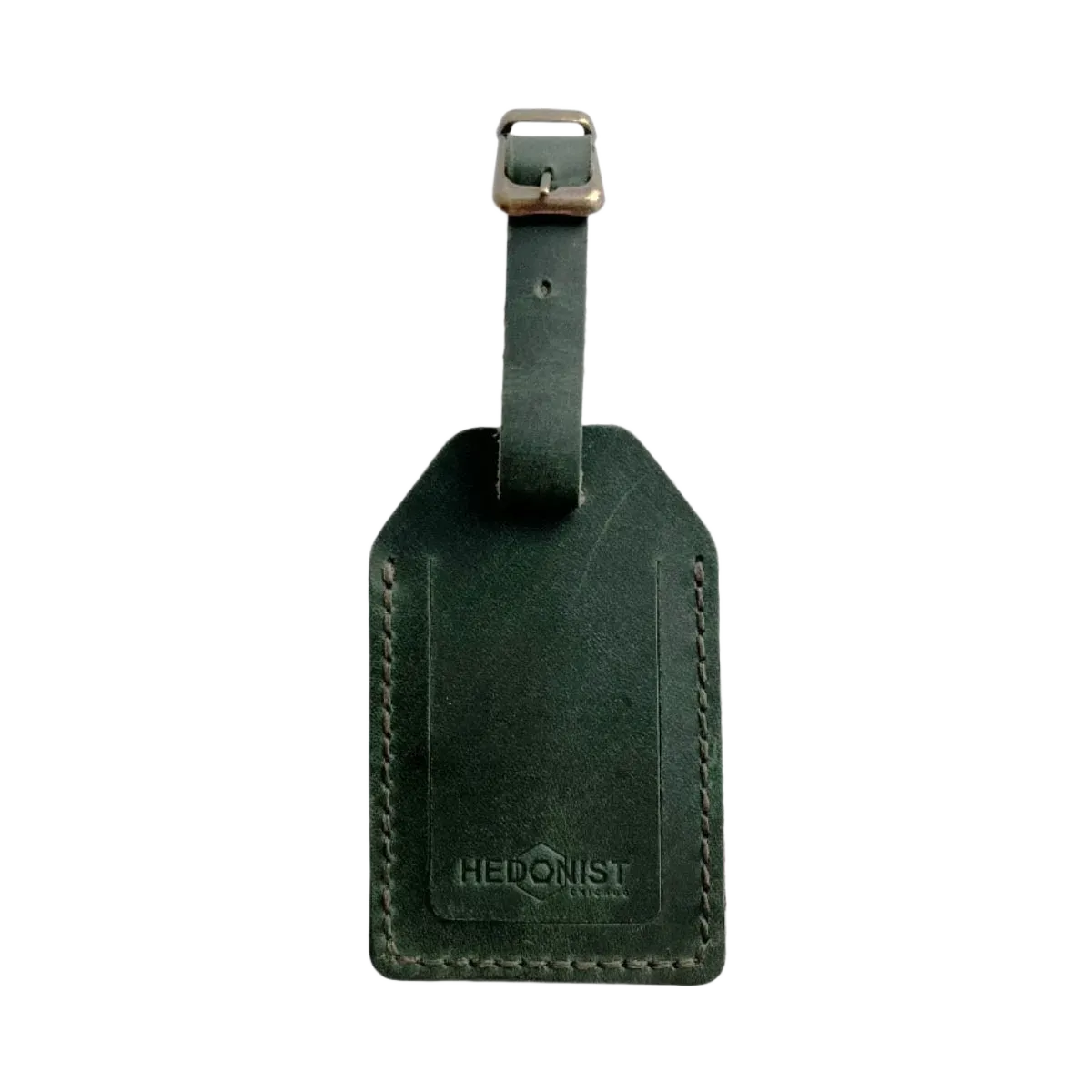 Handmade Leather Luggage Tag in Green - closed front view with logo