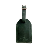Handmade Leather Luggage Tag in Green - closed front view with logo