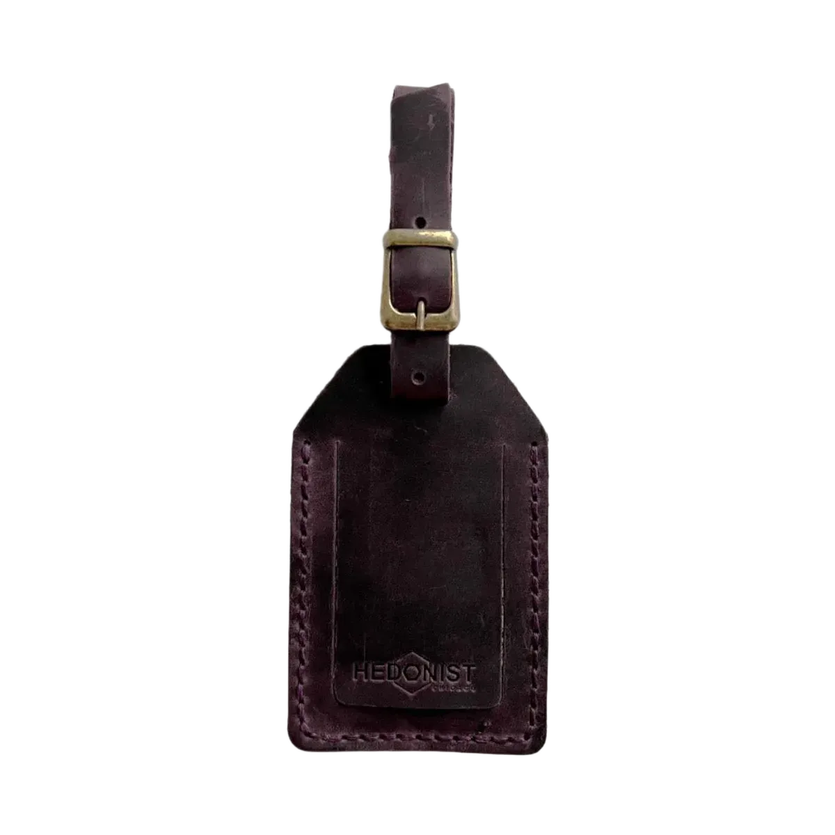 Handmade Leather Luggage Tag in Plum - closed front view with logo