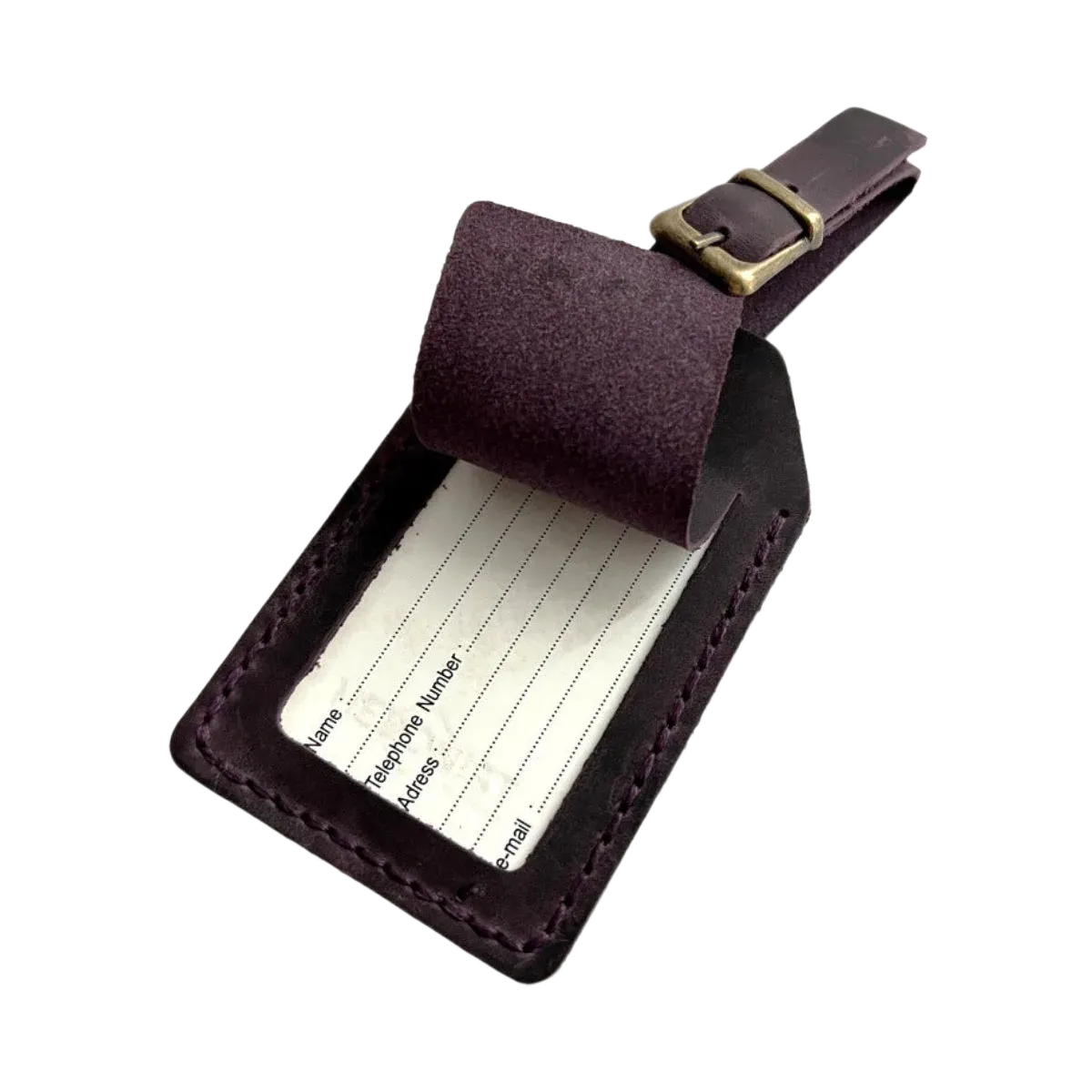Handmade Leather Luggage Tag in Plum - shown open with ID insert card