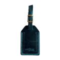 Handmade Leather Luggage Tag in Teal - closed front view with logo