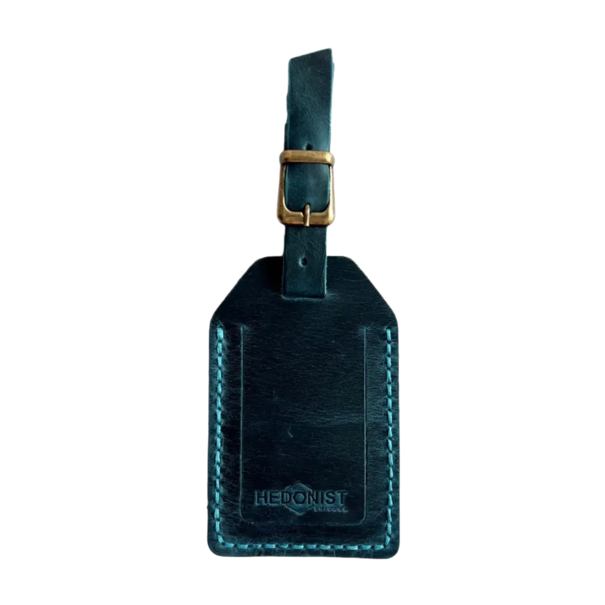 Handmade Leather Luggage Tag in Teal - closed front view with logo