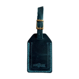 Handmade Leather Luggage Tag in Teal - closed front view with logo