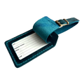 Handmade Leather Luggage Tag in Teal - shown open with ID insert card