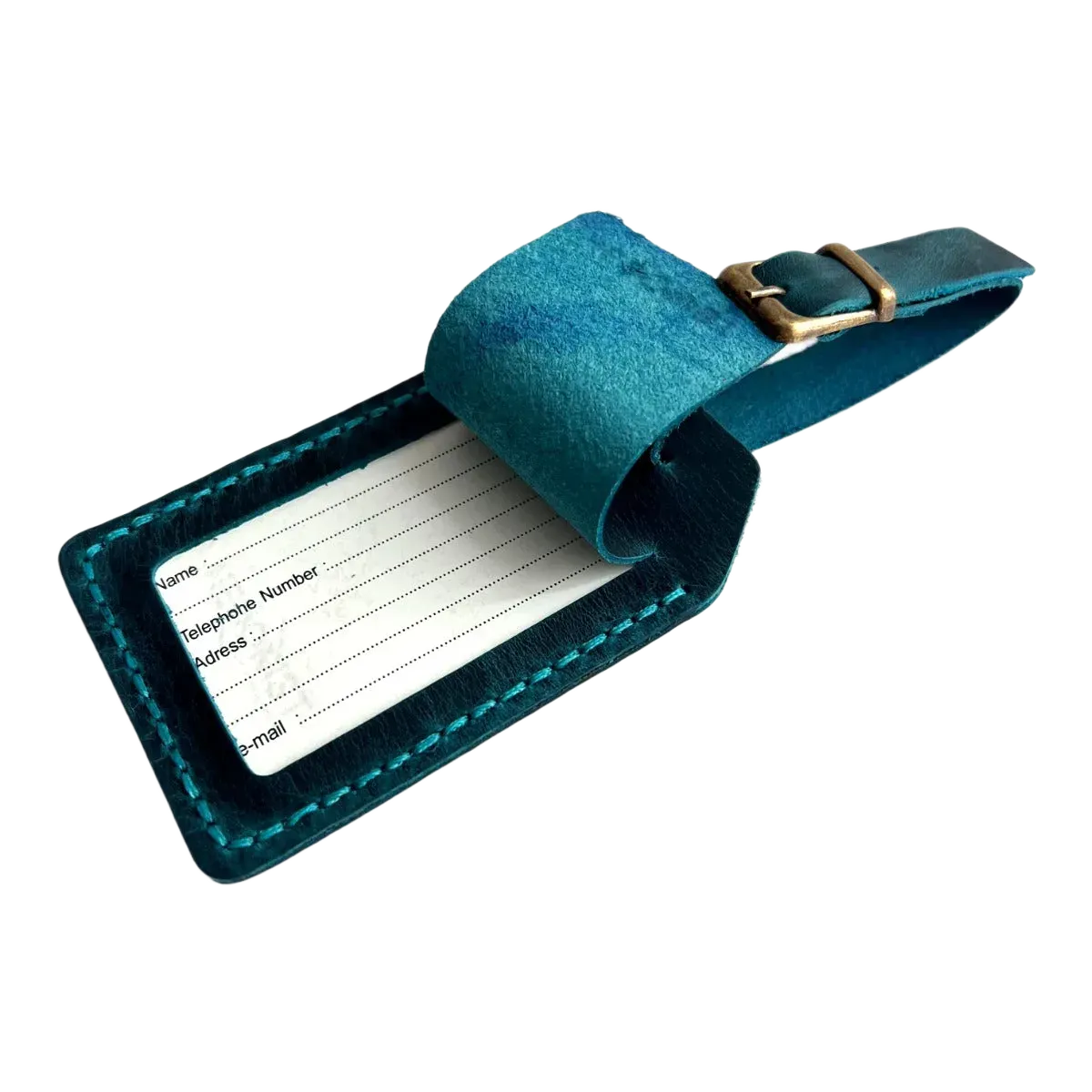 Handmade Leather Luggage Tag in Teal - shown open with ID insert card