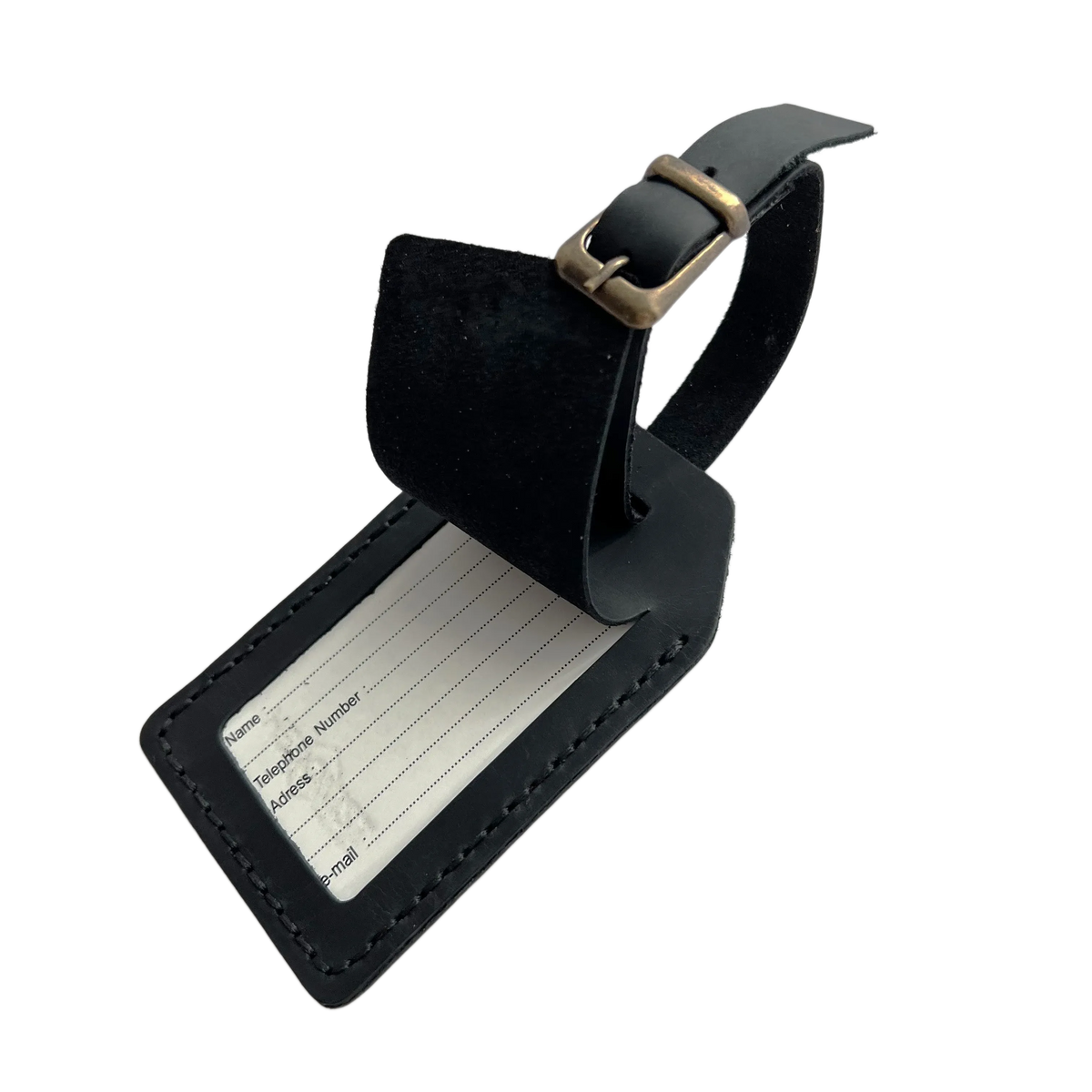 Black full-grain leather luggage tag with matching leather strap and brass buckle, shown on a light gray background.