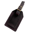 Plum full-grain leather luggage tag with matching leather strap and brass buckle, embossed Hedonist Chicago logo on a stitched leather patch.
