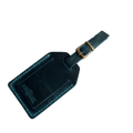 Teal full-grain leather luggage tag with brass buckle and matching stitching, embossed Hedonist Chicago logo on the front, shown on a light gray background.