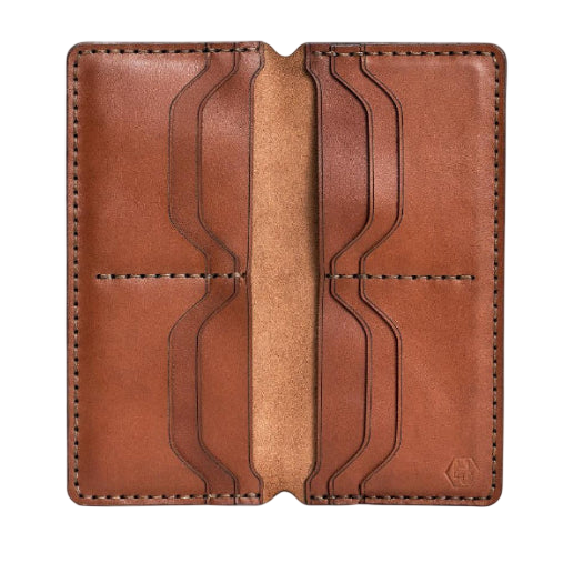 Handmade light mahogany leather card holder, 8 card slots, open showing cards