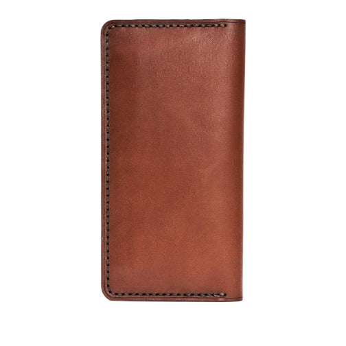 Handmade light mahogany leather card holder, 12 card slots, back view
