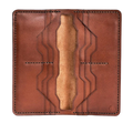 Handmade light mahogany leather card holder, 12 card slots, open showing cards