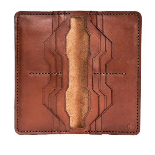 Handmade light mahogany leather card holder, 12 card slots, open showing cards