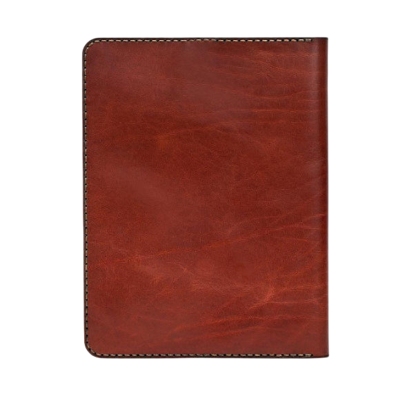 Hedonist Chicago mahogany ipad holder in mahogany, slim sleeve, leather finish, angled view
