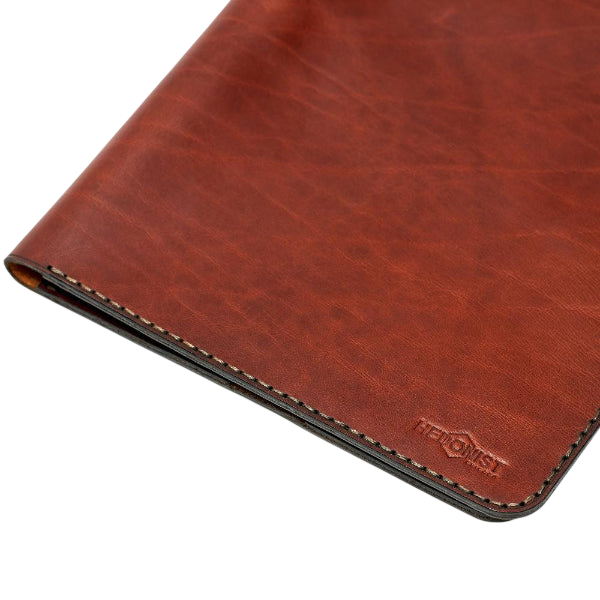 Hedonist Chicago mahogany ipad holder in mahogany, slim sleeve, leather finish, close view