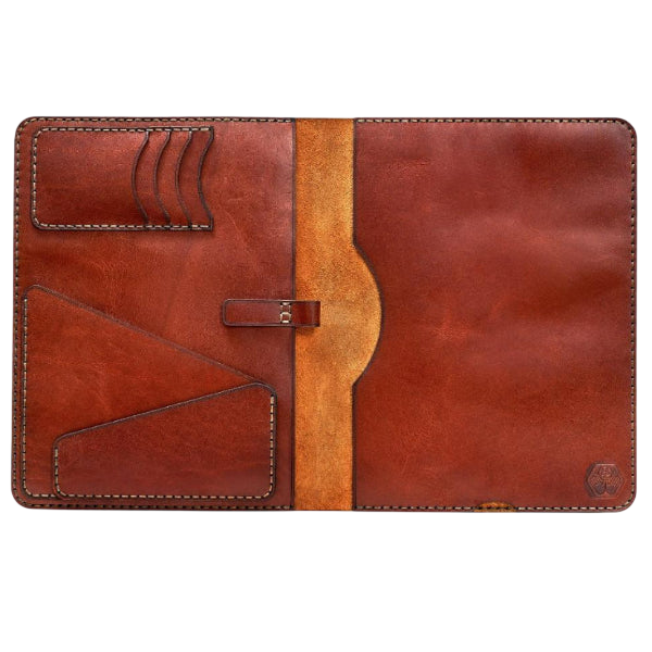 Hedonist Chicago mahogany ipad holder in mahogany, slim sleeve, leather finish, detail view
