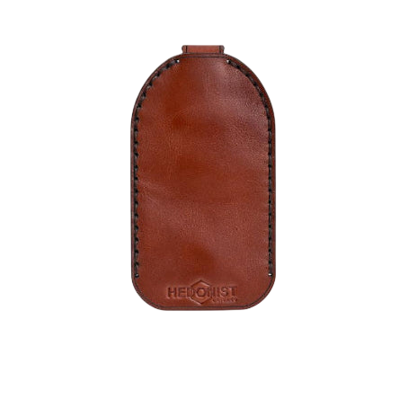 Hedonist Chicago mahogany key chain in mahogany, slim profile, full grain leather, angled view