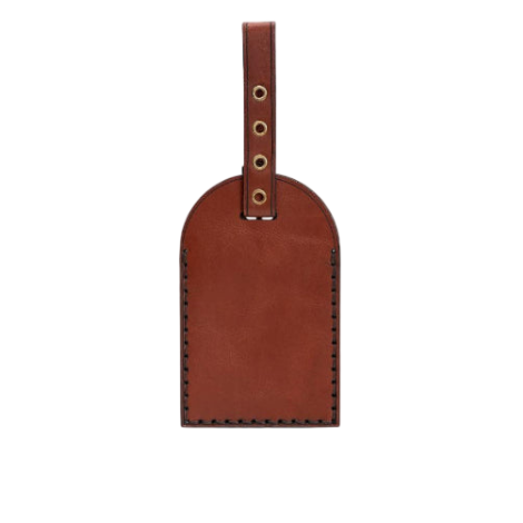 Hedonist Chicago light mahogany luggage tag in light mahogany, with strap, full grain leather, angled view
