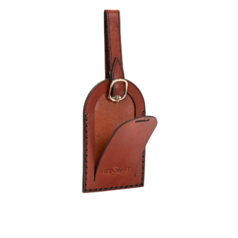 Hedonist Chicago light mahogany luggage tag in light mahogany, with strap, full grain leather, detail view