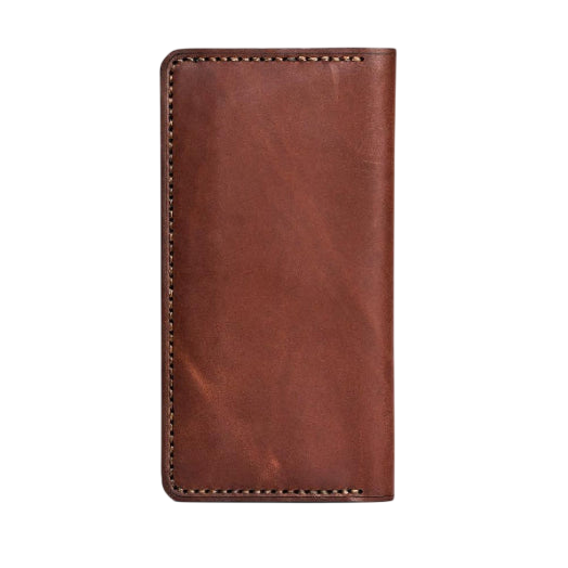 Handmade light mahogany pull-up leather card holder, 12 card slots, back view