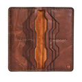 Handmade light mahogany pull-up leather card holder, 12 card slots, open showing cards