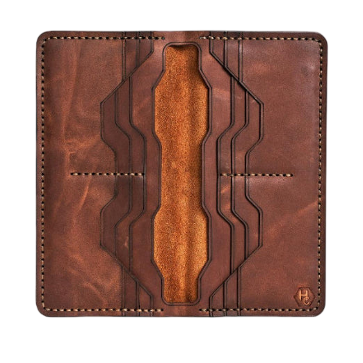 Handmade light mahogany pull-up leather card holder, 12 card slots, open showing cards