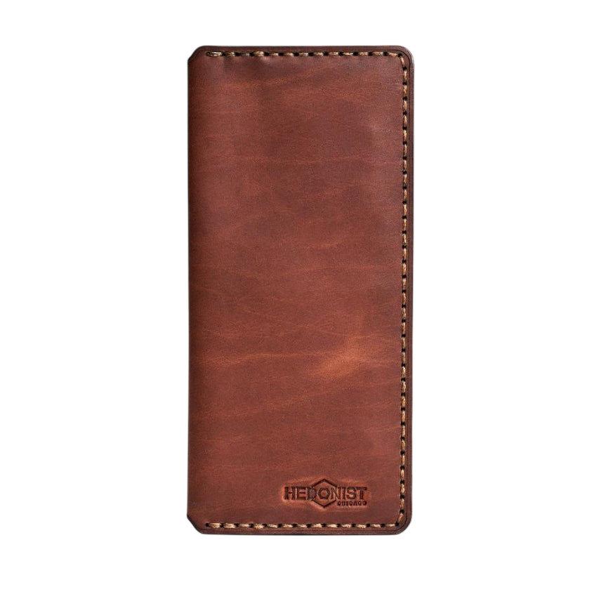 Handmade light mahogany pull-up leather card holder, 8 card slots, by Hedonist Chicago