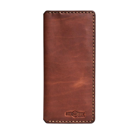 Handmade light mahogany pull-up leather card holder, 8 card slots, by Hedonist Chicago