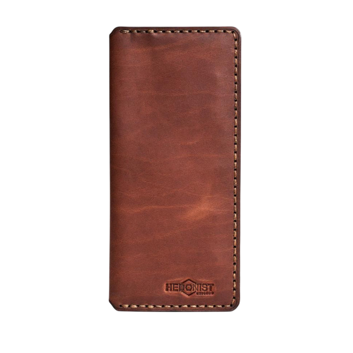 Handmade light mahogany pull-up leather card holder, 8 card slots, by Hedonist Chicago