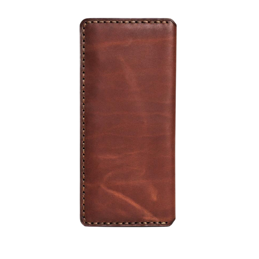 Handmade light mahogany pull-up leather card holder, 8 card slots, by Hedonist Chicago