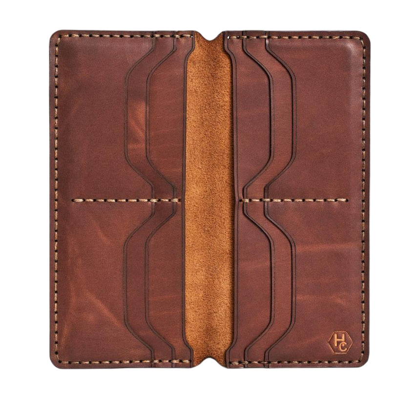 Handmade light mahogany pull-up leather card holder, 8 card slots, by Hedonist Chicago