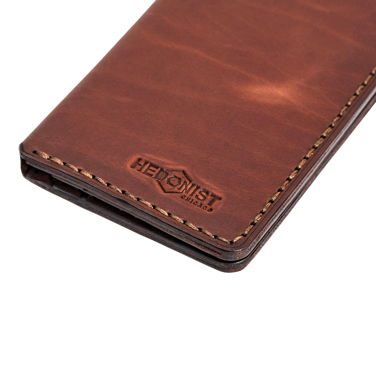 Handmade light mahogany pull-up leather card holder, 8 card slots, by Hedonist Chicago