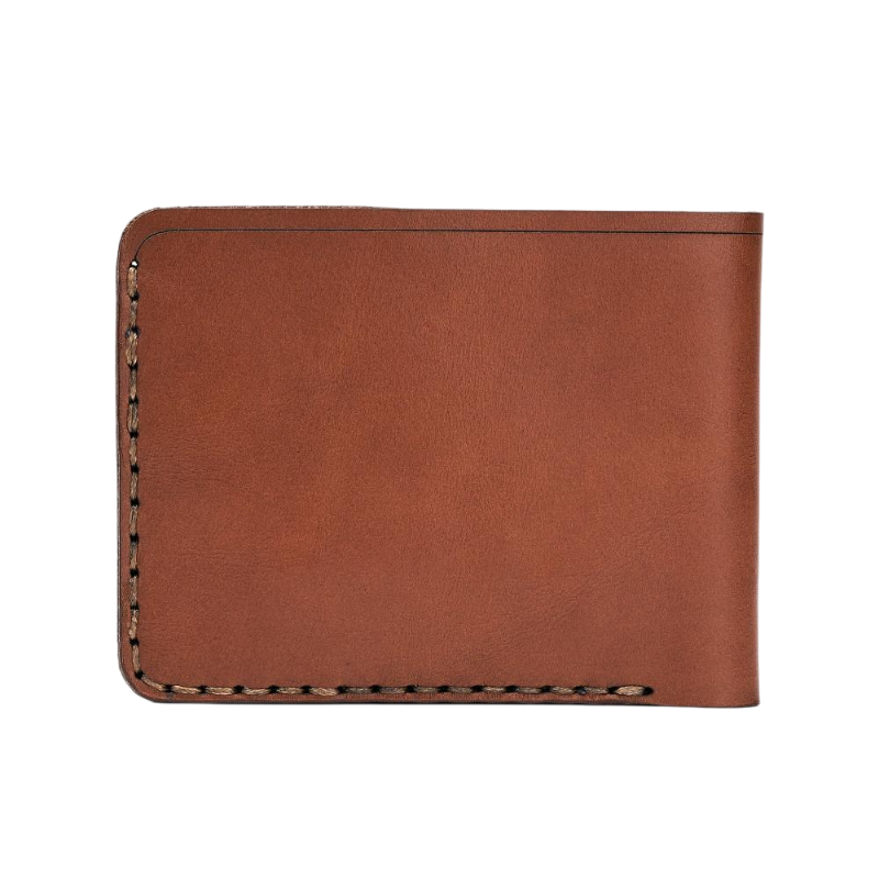 Handmade medium brown leather bifold wallet, 6 card slots, back view