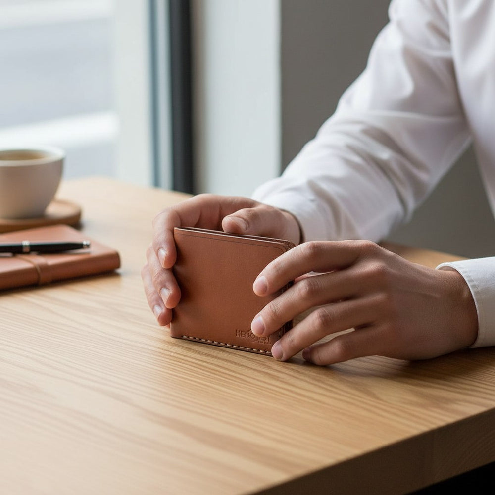 Person holding a brown leather wallet on a wooden table with a blurred background