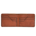 Handmade medium brown leather bifold wallet, 6 card slots, open showing cards