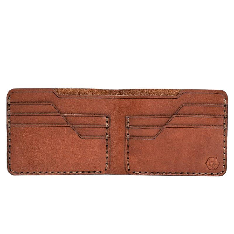 Handmade medium brown leather bifold wallet, 6 card slots, open showing cards