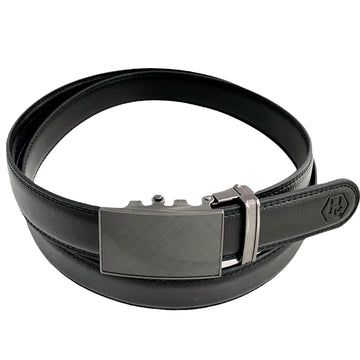 Stitched Black Leather Belt with Plate Ratchet Buckle 1.15"