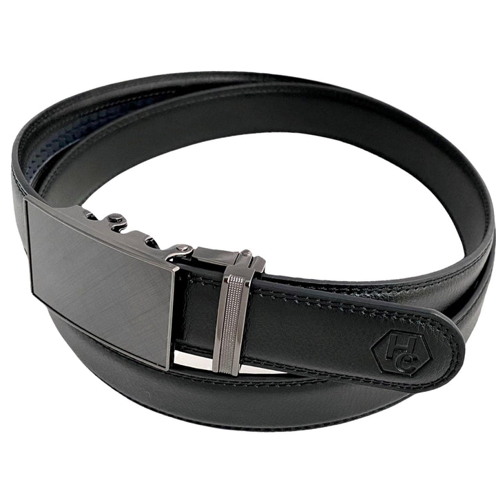 Men’s Stitched Black Leather Ratchet Belt 1.15" by Hedonist Chicago side view