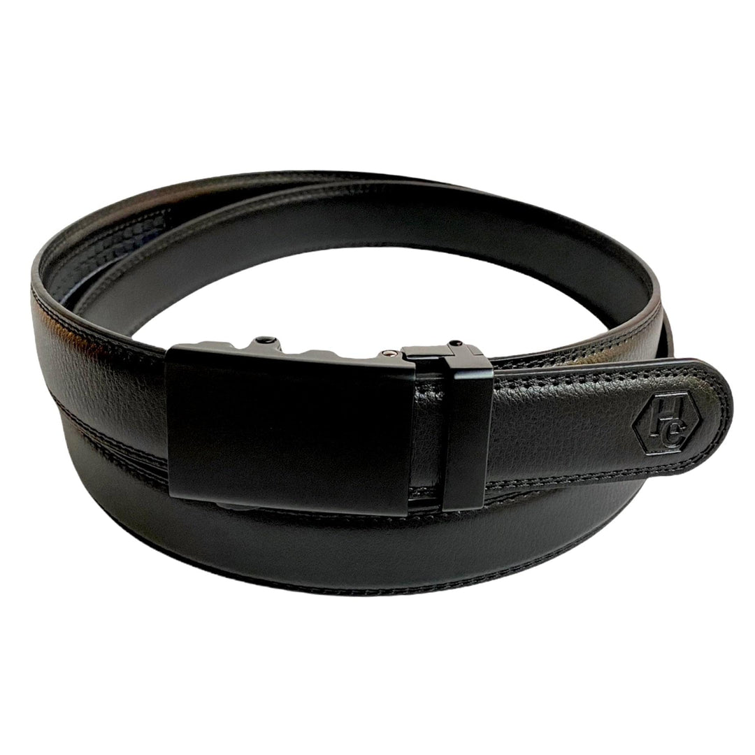 Men's Black Leather Belt with Black Plate Ratchet Buckle 1.15” by Hedonist Chicago main view