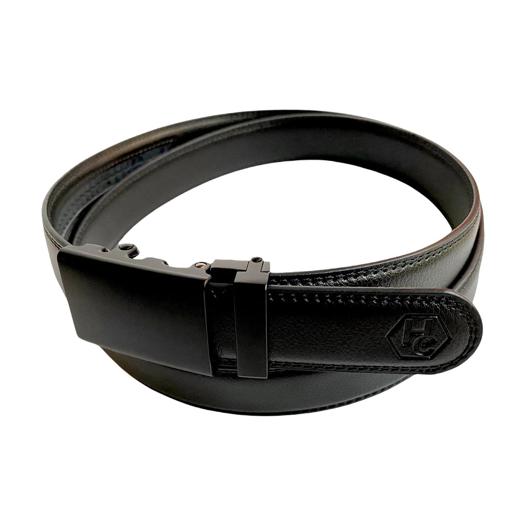 Men's Black Leather Belt with Black Plate Ratchet Buckle 1.15” by Hedonist Chicago side view