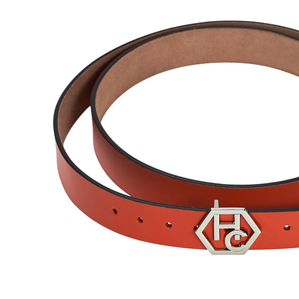 Buckle close-up on women's seamless edge leather belt - orange-red - Hedonist Chicago - close-up view (1.3")