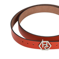 Buckle close-up on women's seamless edge leather belt - orange-red - Hedonist Chicago - close-up view (1.3")
